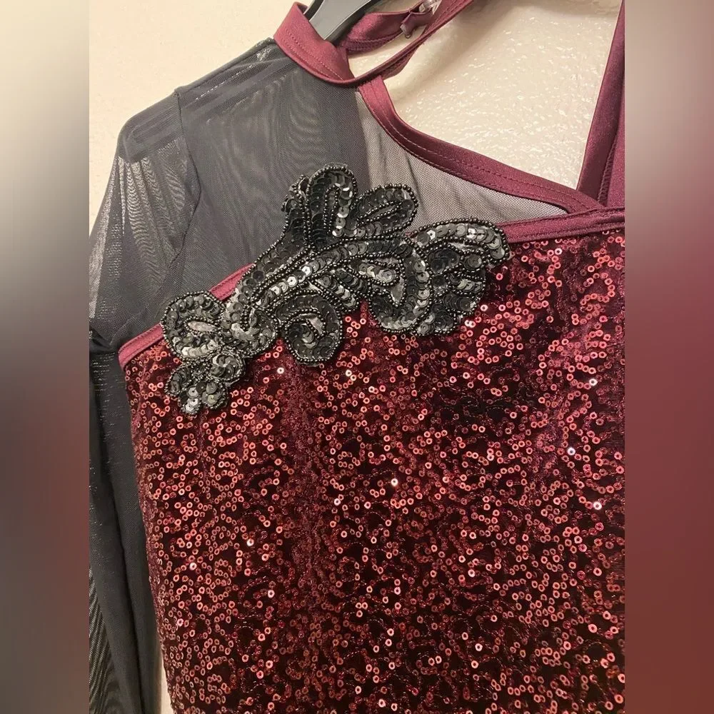 WEISSMAN Dance Costume burgundy fringe one sleeve Immortals 17042 LC-large child